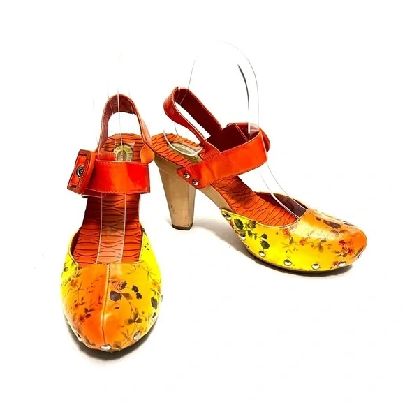 Vintage Y2K orange and yellow floral leather strappy heeled wooden clogs - Picture 4 of 8